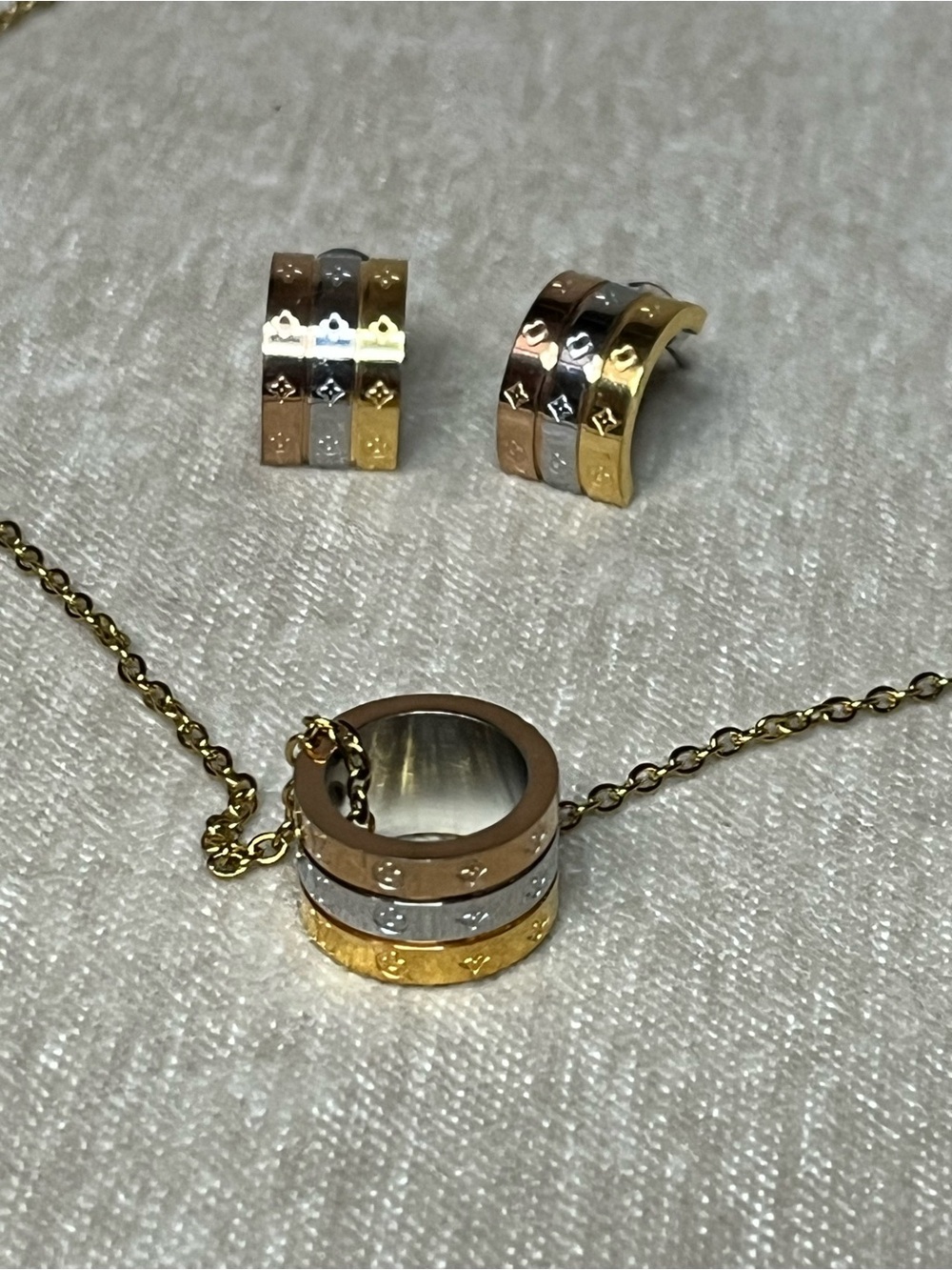 Tri-Tone Earings & Hoop Necklace Set - Gold, Silver, Rose Gold